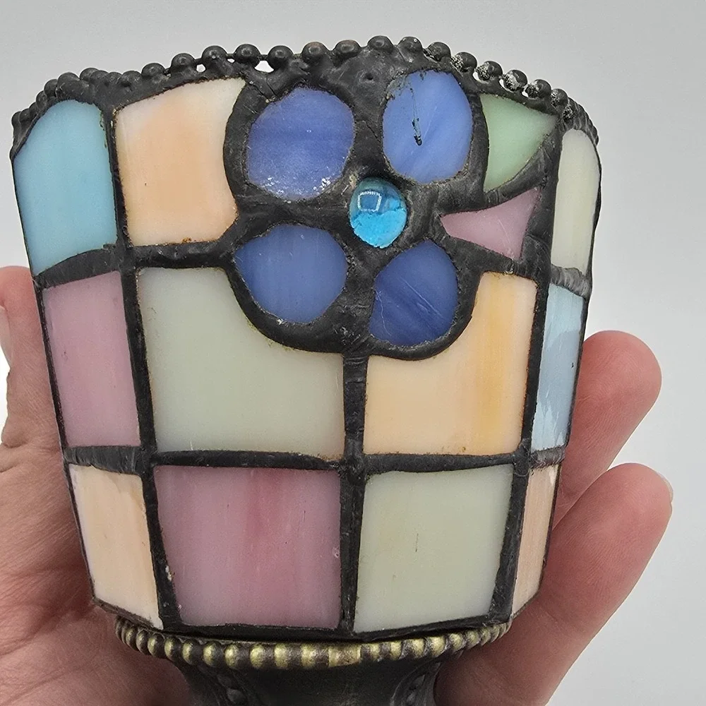 PartyLite Stained Glass Votive Candle Holder Mosaic Pastel Floral Metal Base - Picture 3 of 9